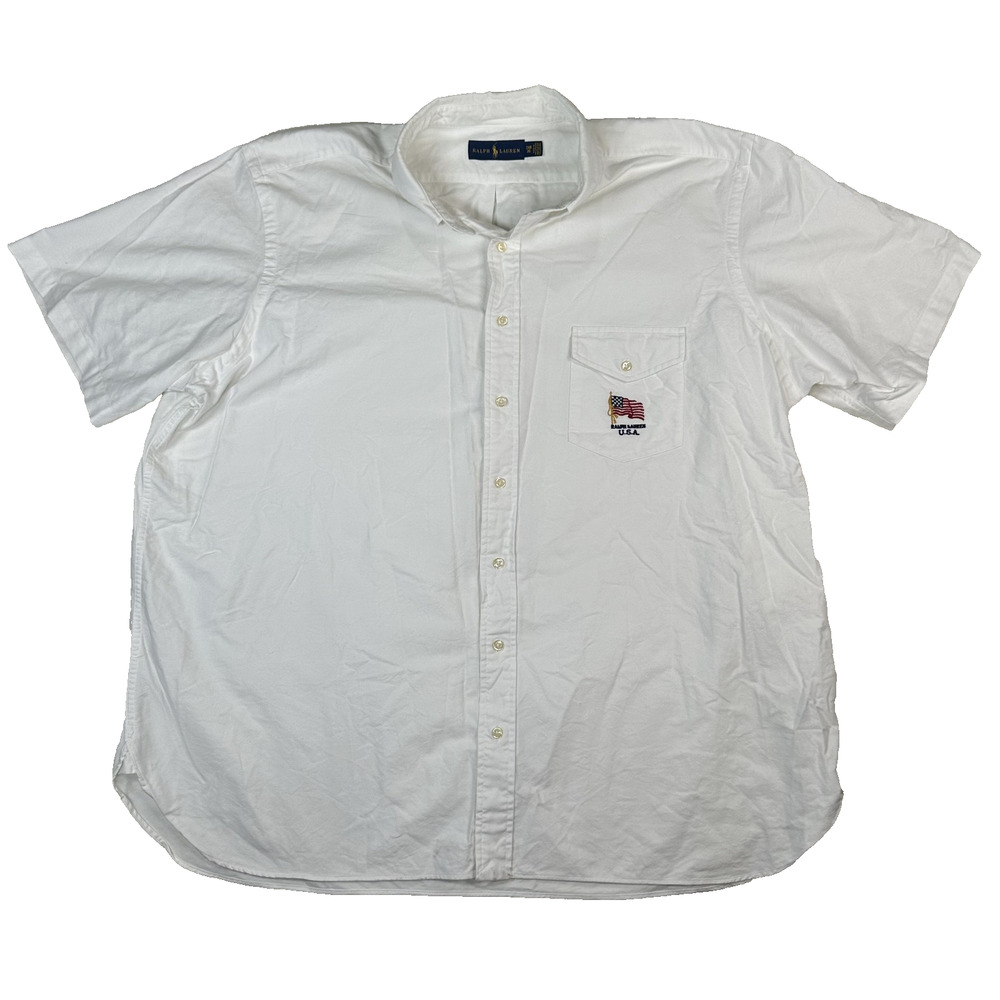 Polo Ralph Lauren Mens Size 2XB Button Down Shirt American Flag S/S White Oxford